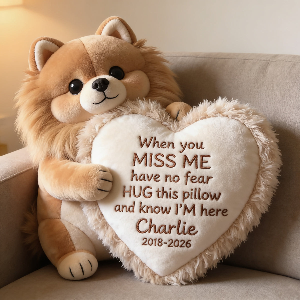 Personalized Fluffy Golden Pomeranian Memorial Faux Fur Shaped Pillow