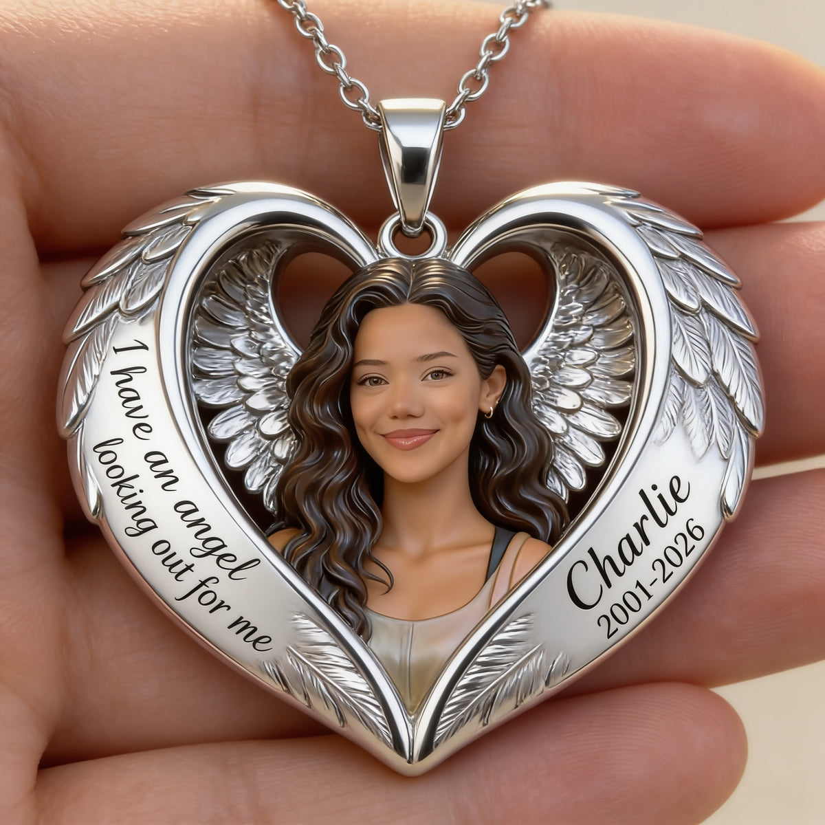 Personalized Memorial Latina Woman Angel Wing Heart Pendant Necklace