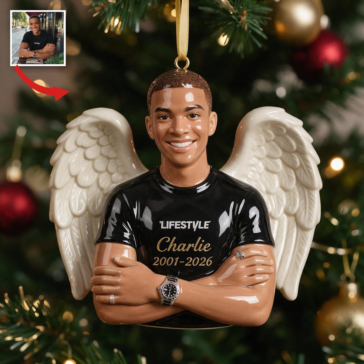 Personalized Christmas Black Man Memorial Angel 3D Ornament Keepsake