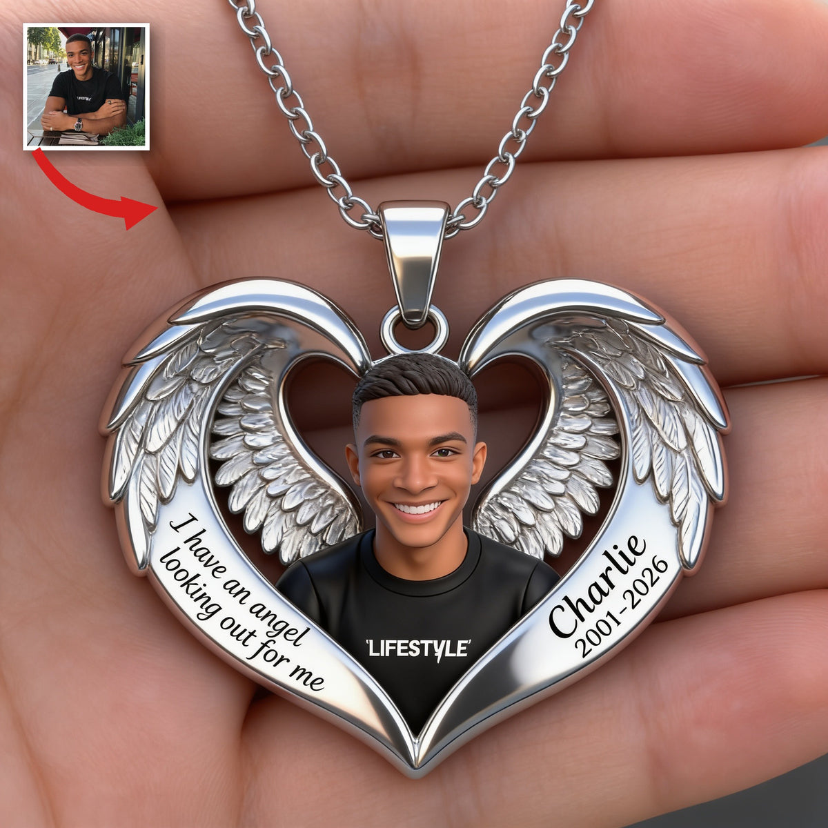 Personalized Memorial Black Man Angel Wing Heart Pendant Necklace Remembrance Gift