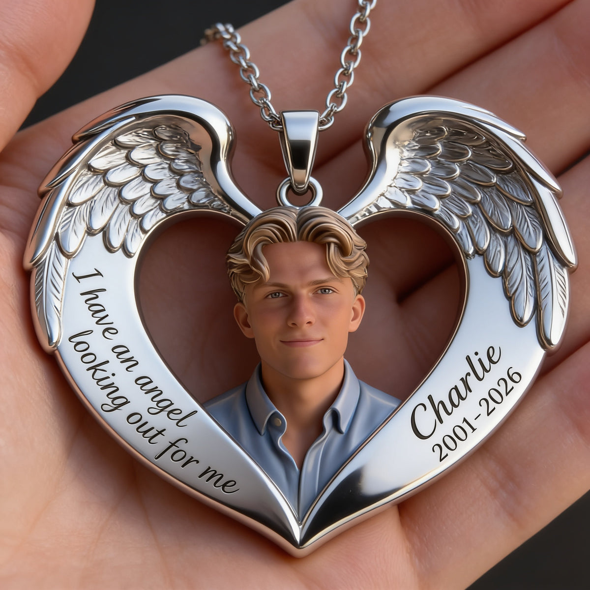 Personalized Memorial Man Angel Wing Heart Pendant Necklace