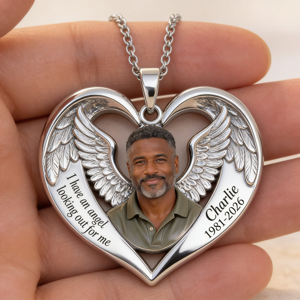 Personalized Middle-Aged Black Man Memorial Heart Pendant Necklace Dad Husband Keepsake
