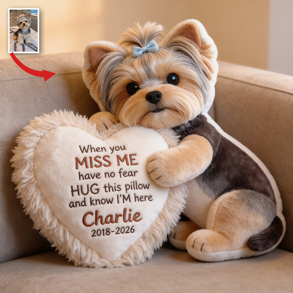 Personalized Yorkshire Terrier Memorial Faux Fur Shaped Pillow, Pet Loss Gift