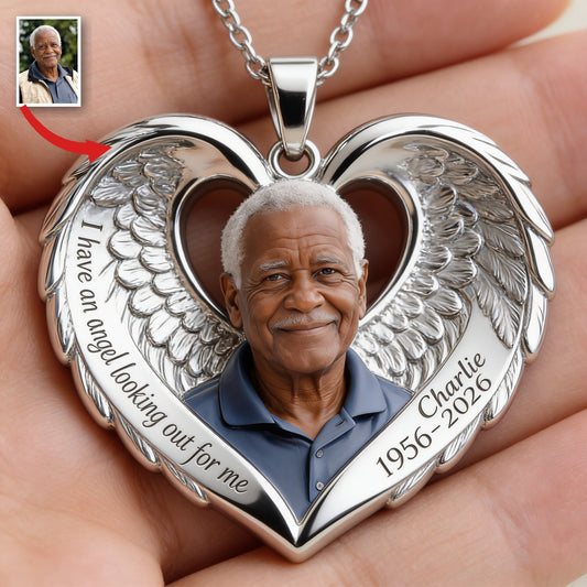 Collier Pendentif Cœur Ange Mémorial Personnalisé pour Grand-Père Noir Âgé