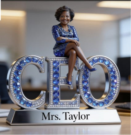 Custom Older Black Female CEO Desk Nameplate - Personalized Boss Lady Figurine, Executive Office Decor Acrylic Plaque, Retirement Gift