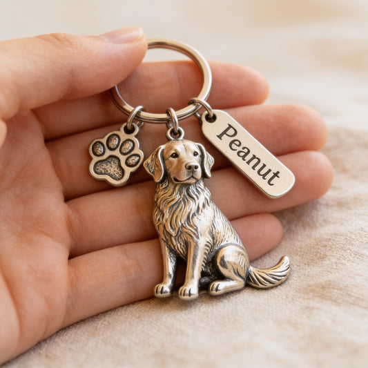 Personalized Golden Retriever Dog Keychain with Charm, Custom Name Golden Retriever Dog Paw Keyring, Pet Gift