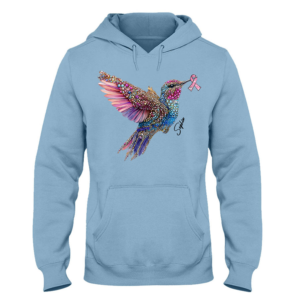 T-shirt et sweat à capuche personnalisés avec ruban rose et colibri en cristal pour la sensibilisation au cancer du sein