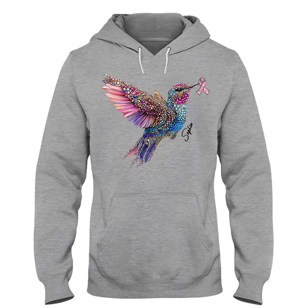T-shirt et sweat à capuche personnalisés avec ruban rose et colibri en cristal pour la sensibilisation au cancer du sein
