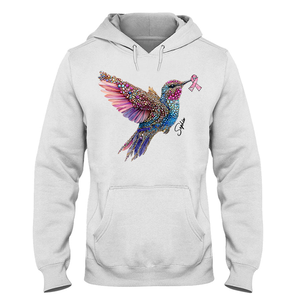 T-shirt et sweat à capuche personnalisés avec ruban rose et colibri en cristal pour la sensibilisation au cancer du sein