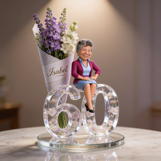 Cadeau pour elle - Bouquet de fleurs et chiffre - Plaque acrylique personnalisée pour son anniversaire