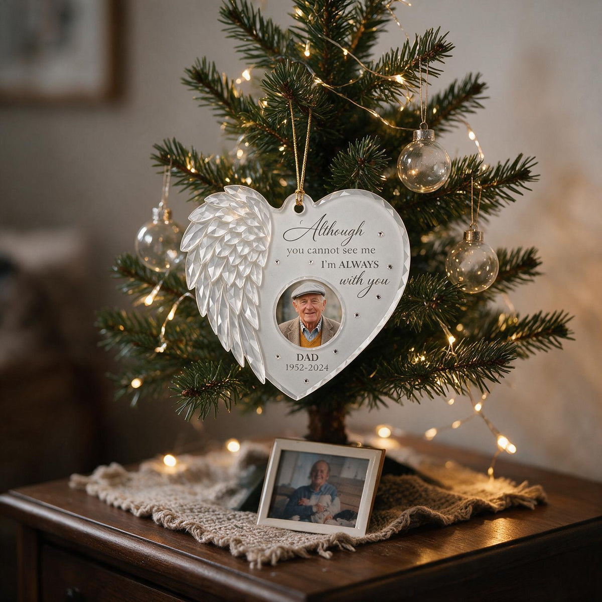 Ornement Mémorial Acrylique Personnalisé en Forme de Cœur avec Aile d'Ange - Photo Personnalisée en Souvenir de Papa