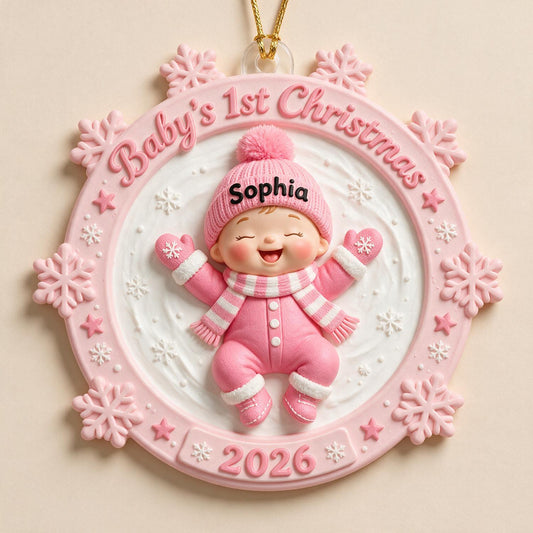 Ornement en Acrylique Personnalisé Ange de Neige Rose pour le Premier Noël de Bébé - Nom & Année Cadeau pour Nouveaux Parents