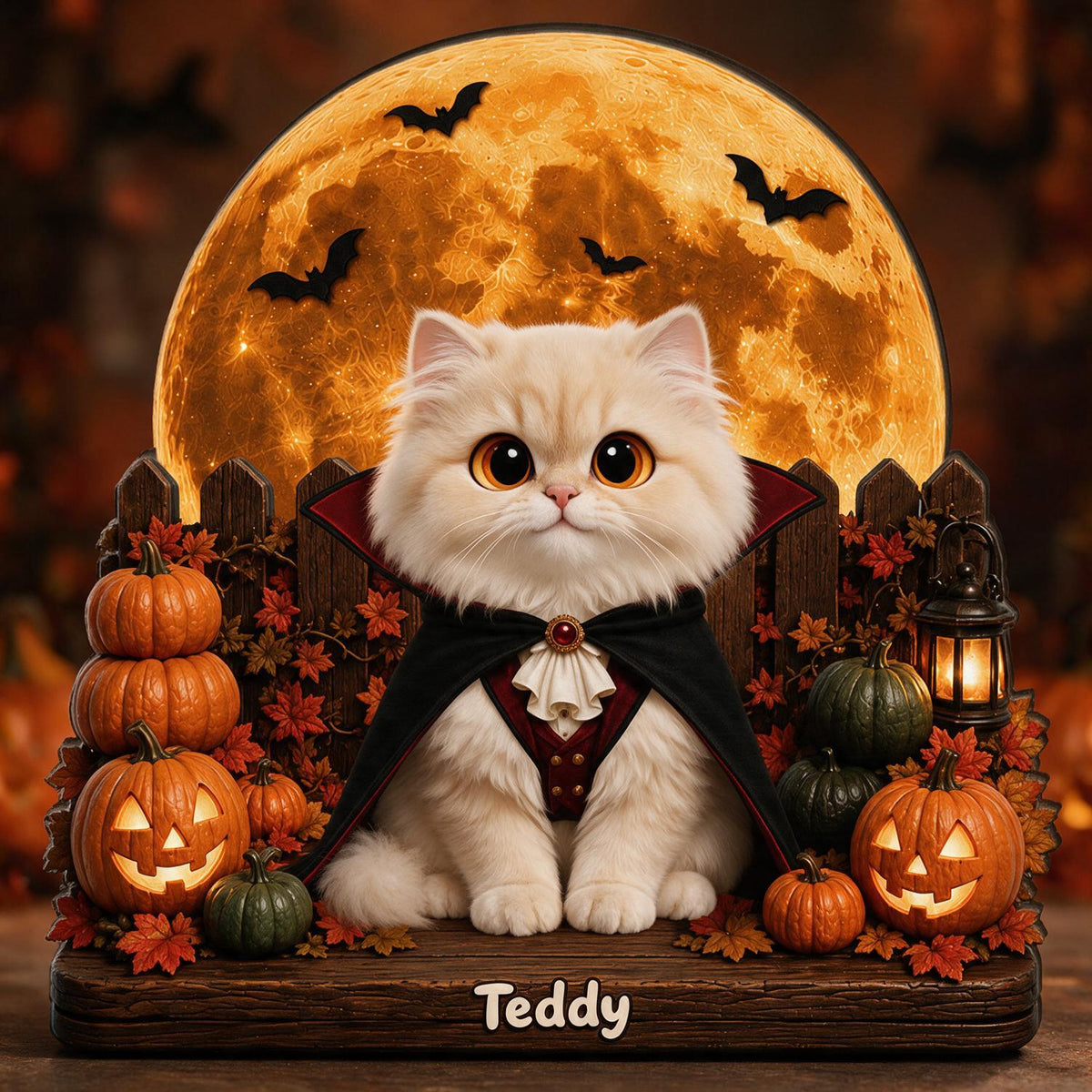 Plaque en Bois Personnalisée à 2 Couches pour Halloween - Chat Vampire Effrayant avec Citrouilles, Cadeau Personnalisé pour Amateurs de Chats