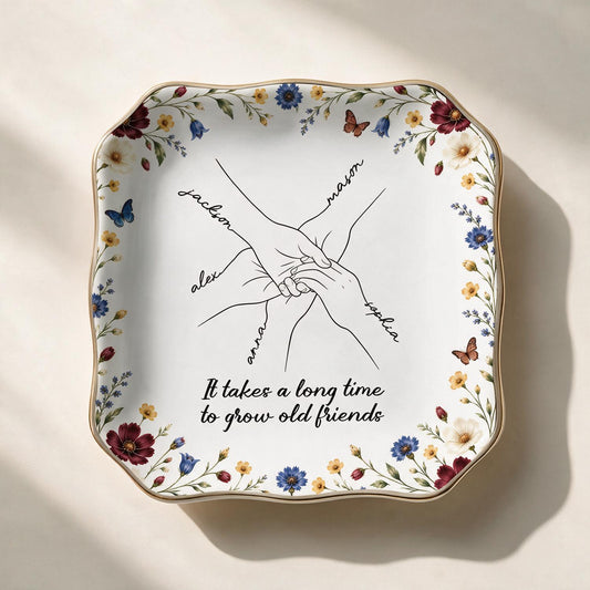Personalized Old Friends Wildflower Jewelry Dish, Custom Bestie Gift with Names
