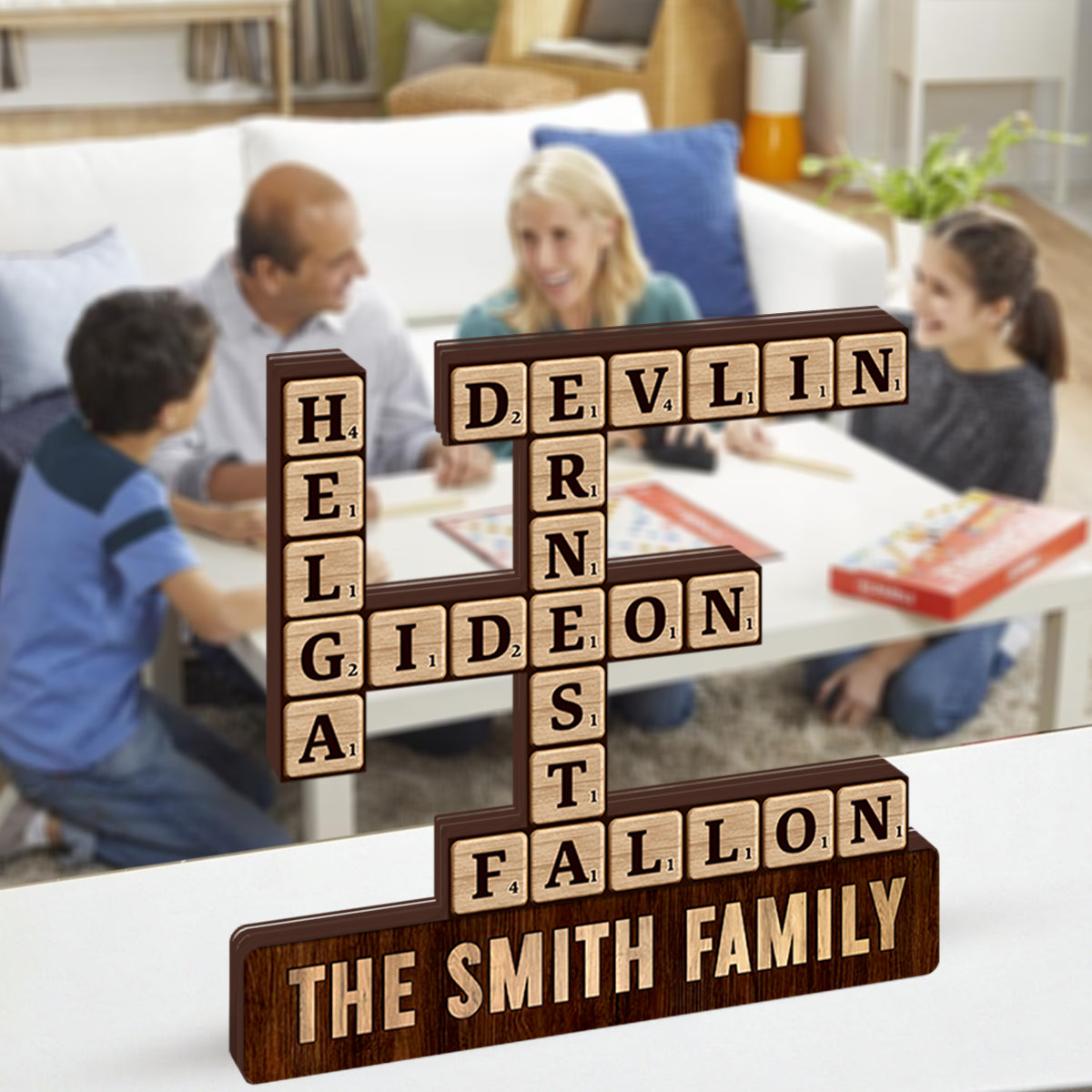 Love Family Crossword Puzzle Custom Name - Personalized Scrabble Custom Shaped Wood Plaque