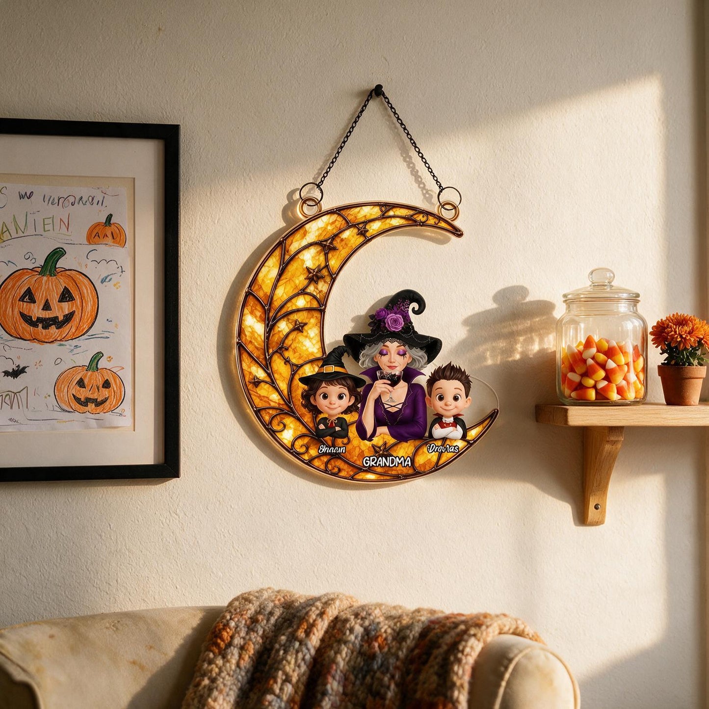 Personalized Halloween Witch Grandma & Grandkids Crescent Moon Acrylic Window Hanging - Custom Halloween Gift for Grandma