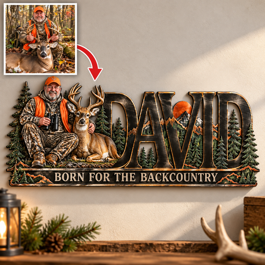 Plaque Métallique Personnalisée de Chasse - Art Mural Photo et Nom avec Design Forêt et Montagne