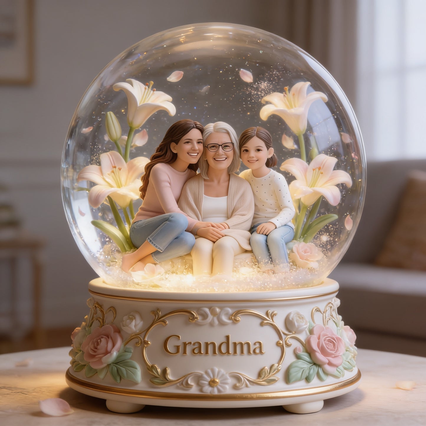 Custom Grandma & Family Glass Dome Light - Personalized Family Figurine Lamp, Sentimental Bedroom Keepsake Gift