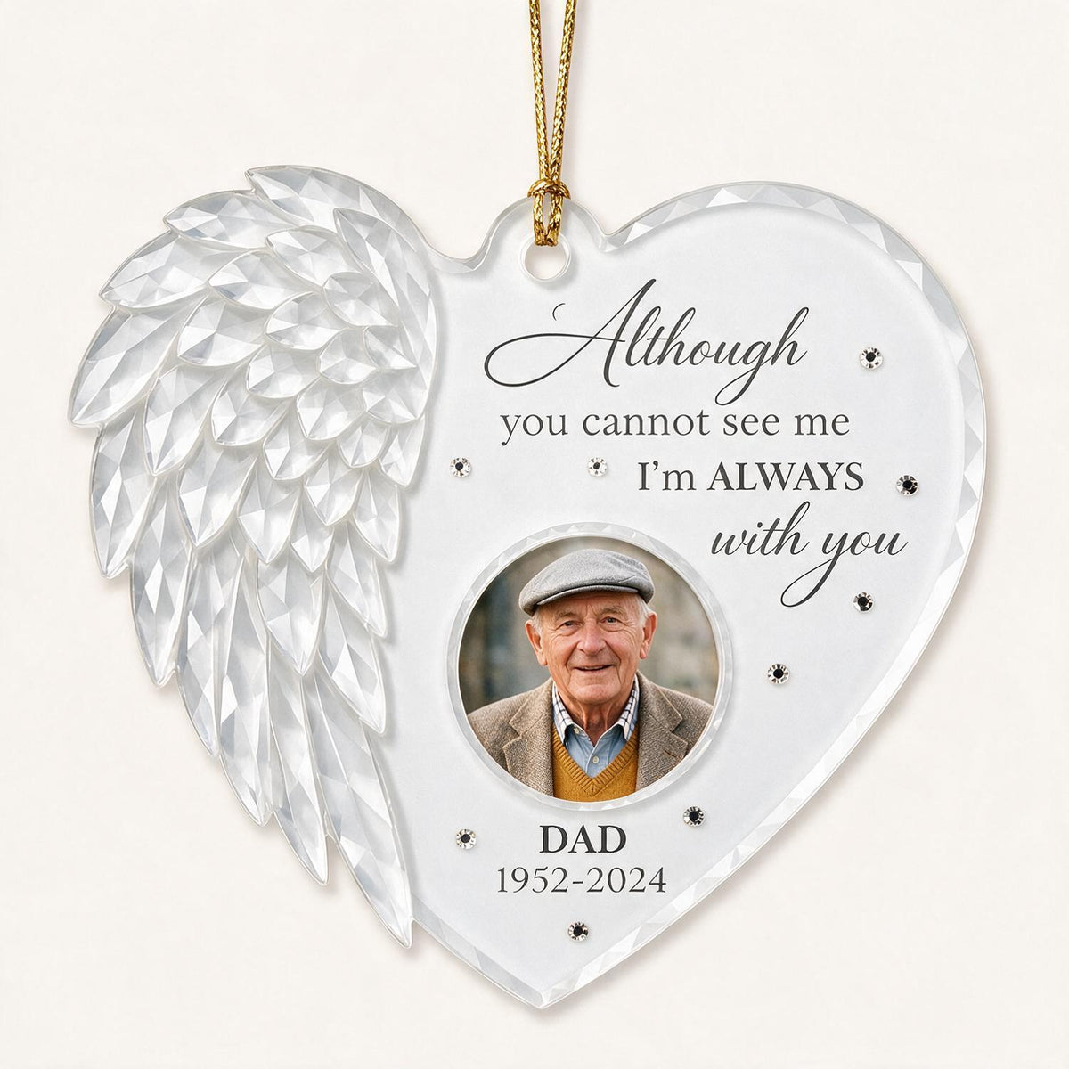 Ornement Mémorial Acrylique Personnalisé en Forme de Cœur avec Aile d'Ange - Photo Personnalisée en Souvenir de Papa