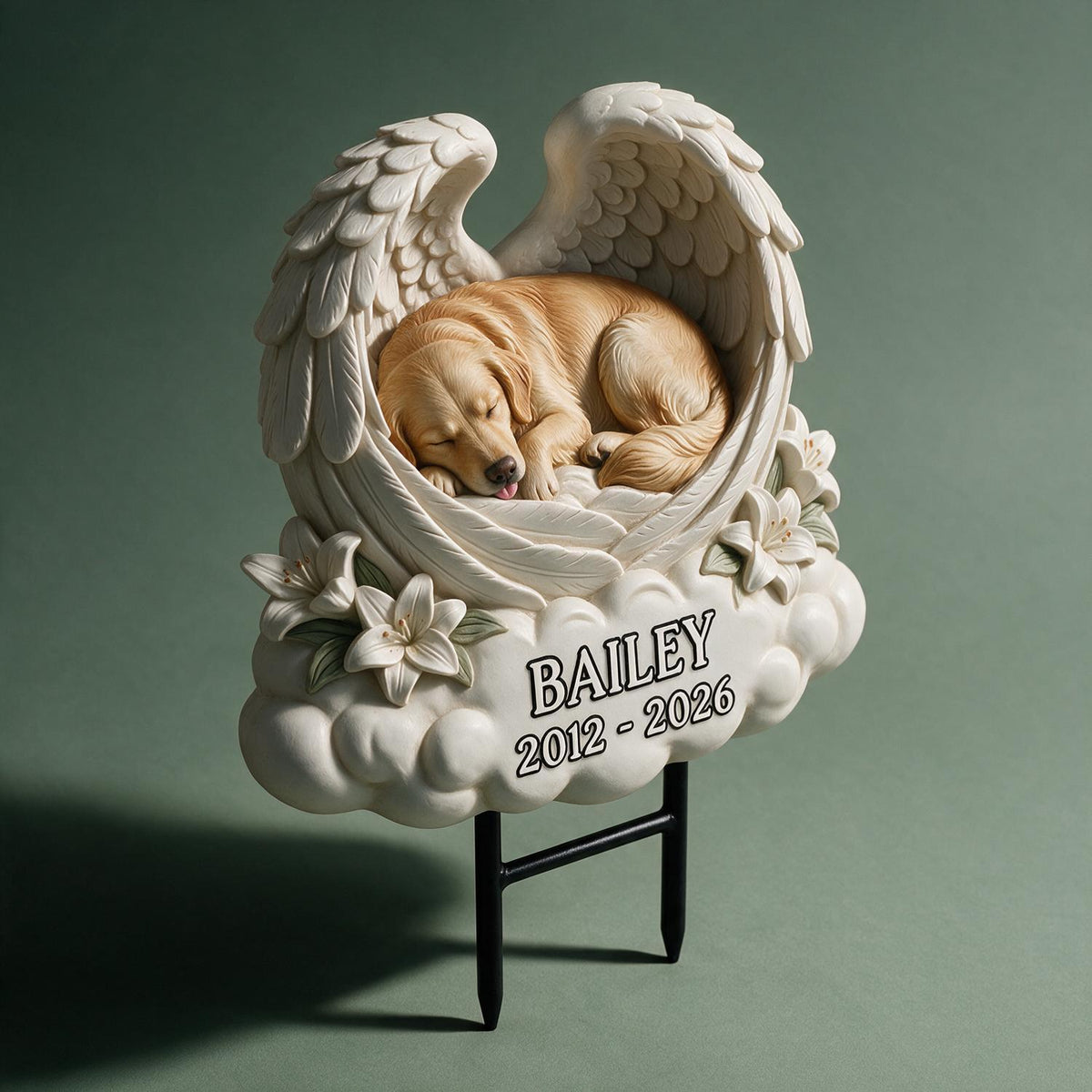Personalized Sleeping Golden Retriever Angel Wings Memorial Yard Sign, Pet Sympathy Garden Gift