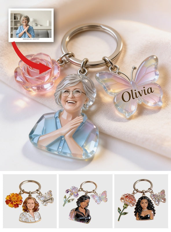 Custom Personalized Mom Portrait Keychain with Crystal Rose & Butterfly Charms, Sentimental Gift for Grandmother
