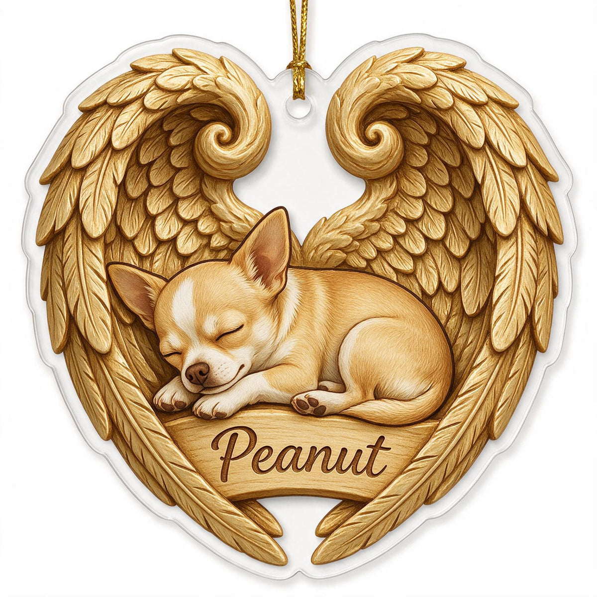 Sleeping Chihuahua Golden Angel Wings Heart Acrylic Ornament - Personalized Pet Memorial Sympathy Gift for Dog Lovers