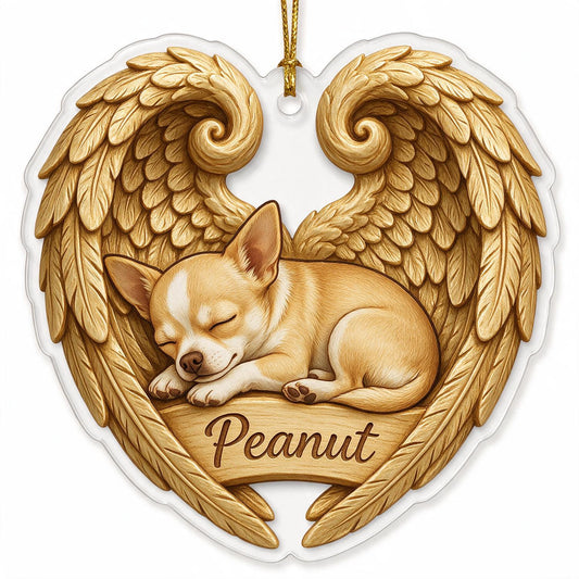 Ornement en Acrylique Cœur avec Ailes d'Ange Chihuahua Endormi - Cadeau de Mémoire Personnalisé pour Amateurs de Chiens