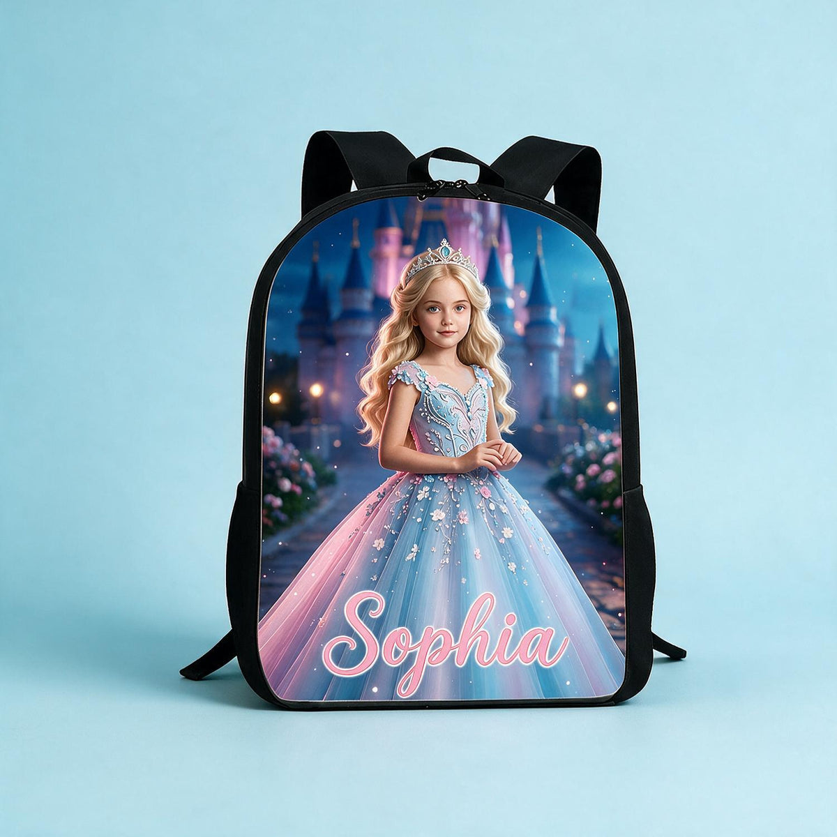 Personalized Princess Backpack - Blonde Princess Blue Pink Gown Castle - Custom Name Back to School Gift for Girls