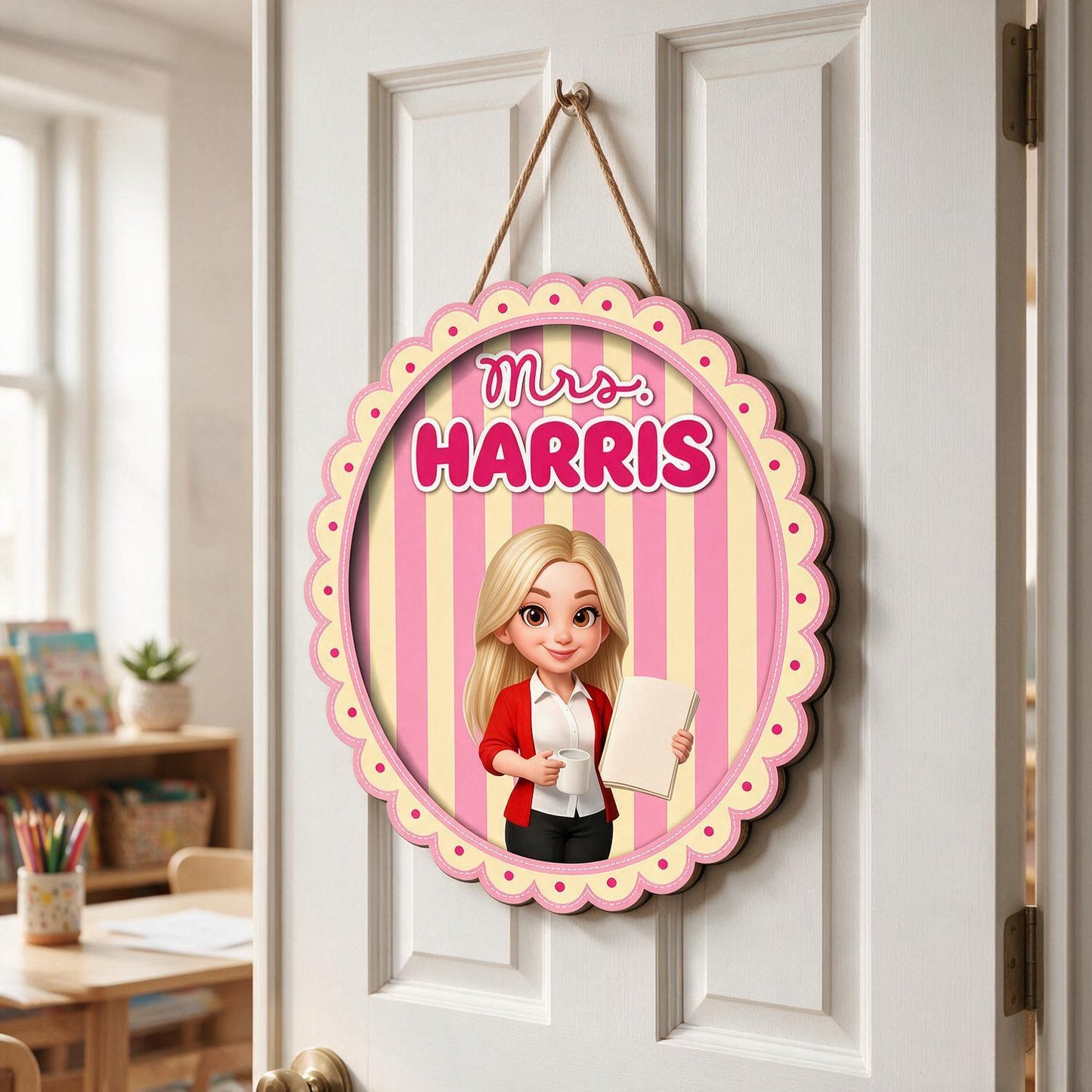 Personalized Coquette Pink Striped Teacher Wood Door Sign - Custom Name Classroom Decor Back To School Gift for Teachers
