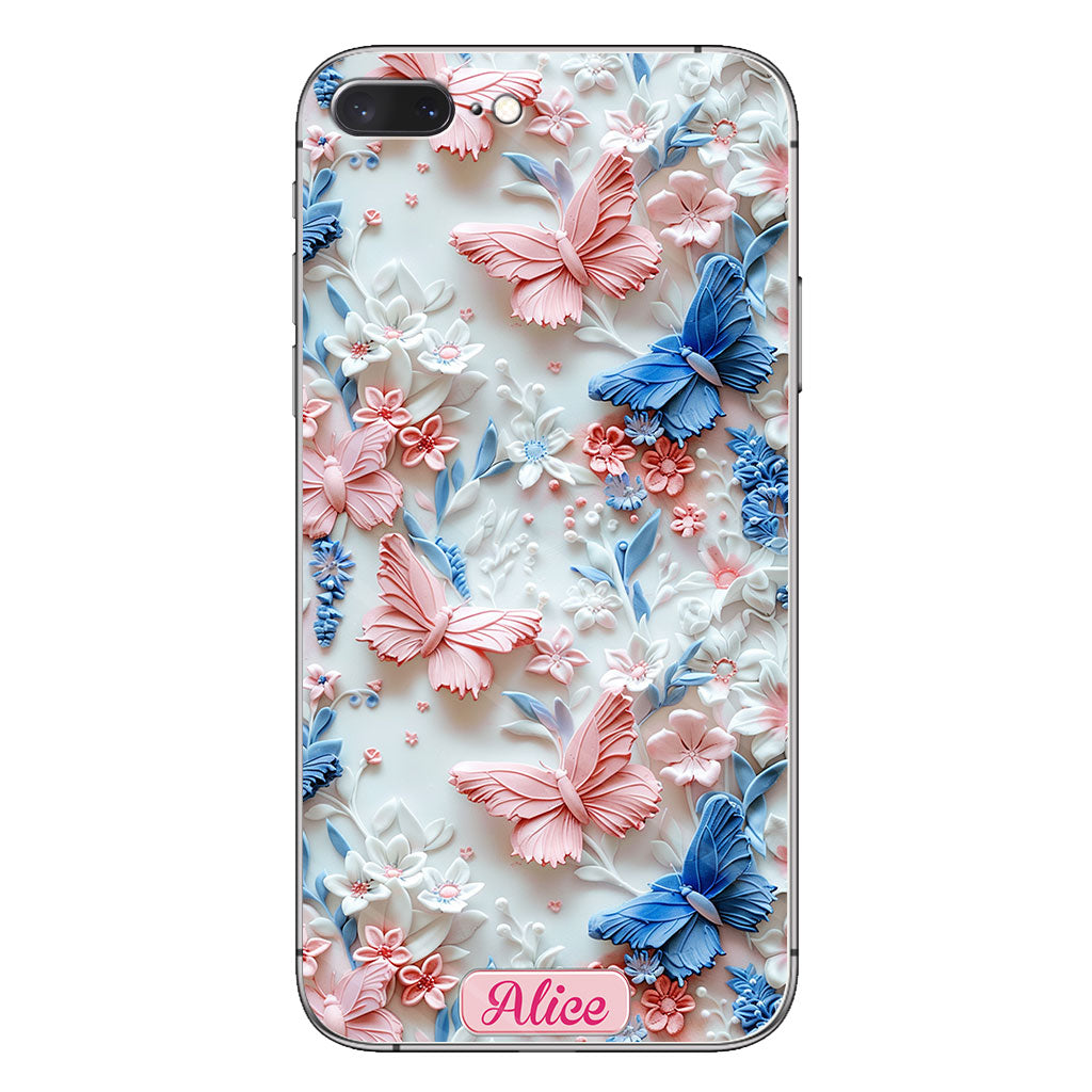 Coque de téléphone transparente personnalisée avec papillons roses et bleus