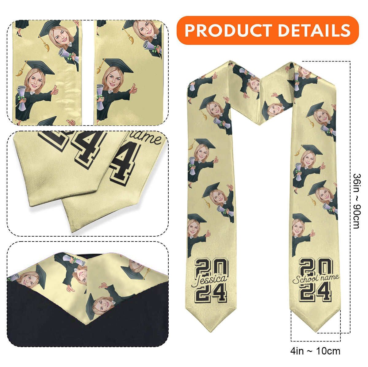 Écharpe de remise de diplôme personnalisée avec un personnage caricatural et amusant 