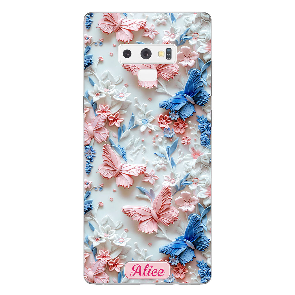 Coque de téléphone transparente personnalisée avec papillons roses et bleus