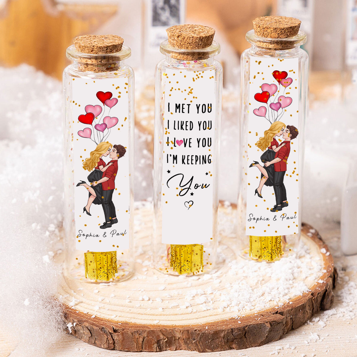 Je t'ai rencontré(e), je t'ai aimé(e), je t'aime, je te garde - Ornement de mini-bouteille personnalisé pour couple
