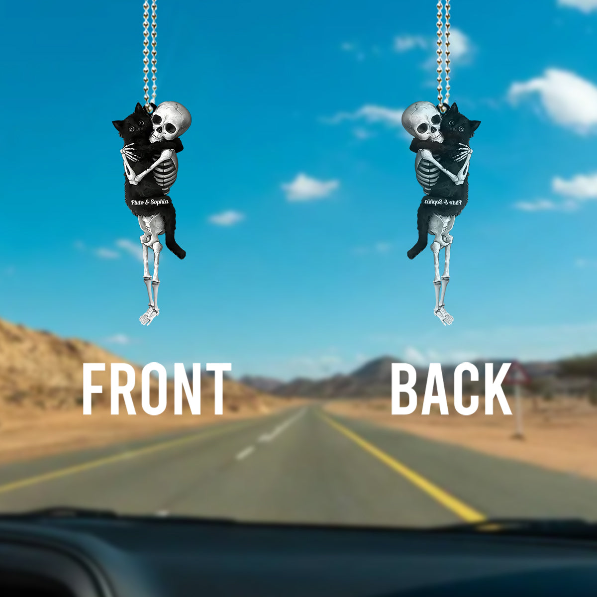 Funny Skeleton & Cat - Personalized Black Cat Custom Shaped Car Ornament