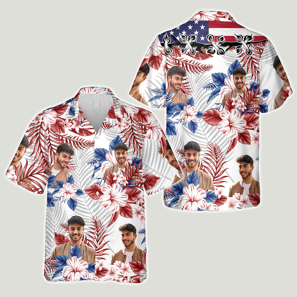 Chemise hawaïenne personnalisée avec motif drapeau américain et fleur, pour la fête de l'Indépendance/le 4 juillet