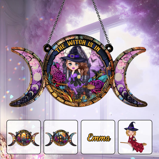 La sorcière est là ! Attrape-soleil personnalisé à 2 couches, à suspendre à la fenêtre.