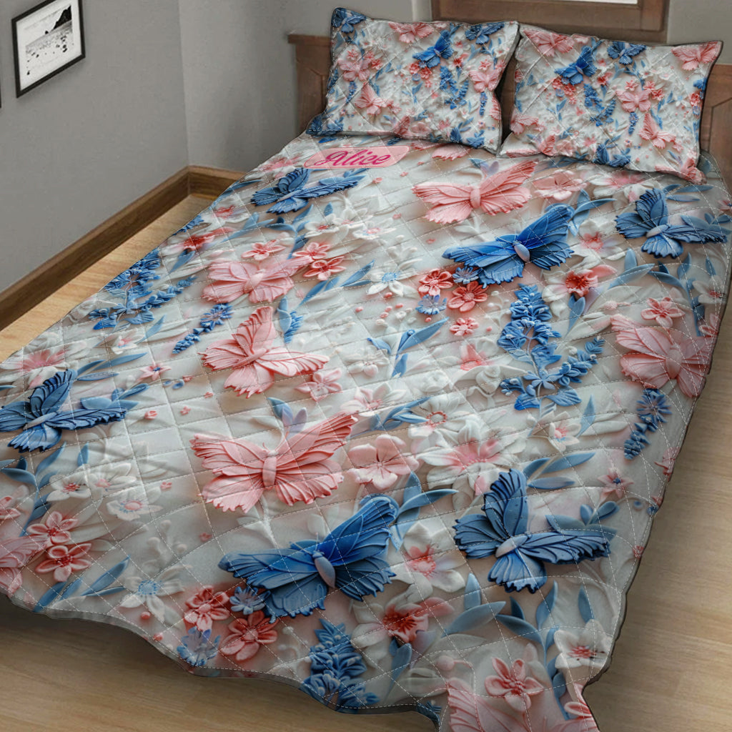 Pink And Blue Butterflies - Personalized Butterfly Quilt Set