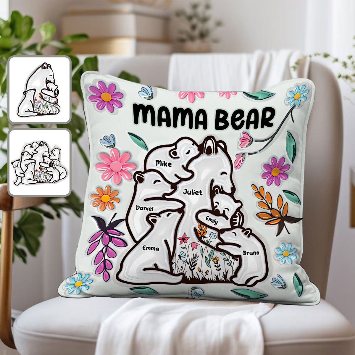 Coussin décoratif personnalisé « Maman ours câlinant ses petits » style floral