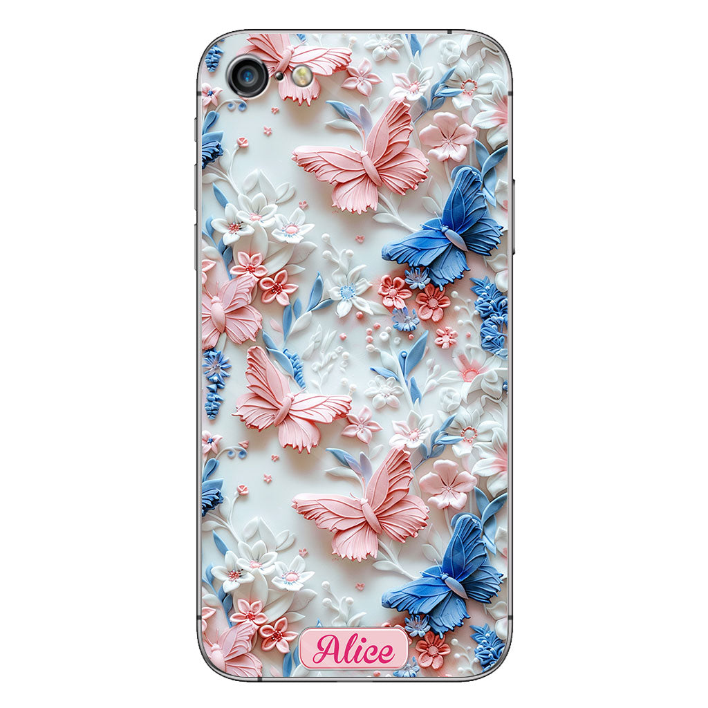 Coque de téléphone transparente personnalisée avec papillons roses et bleus