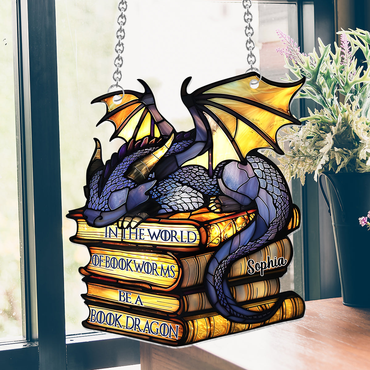 Dans le monde des amoureux des livres, soyez un dragon des livres ! - Décoration attrape-soleil personnalisée en forme de livre à suspendre à la fenêtre 