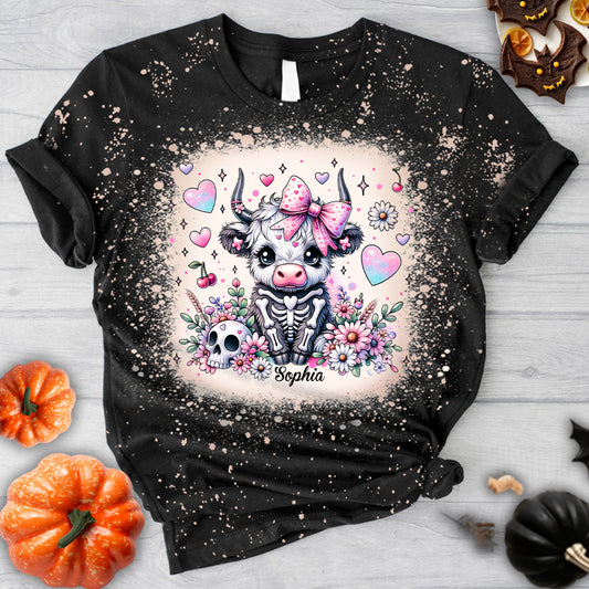 T-shirt personnalisé délavé avec une vache des Highlands mignonne et effrayante pour Halloween