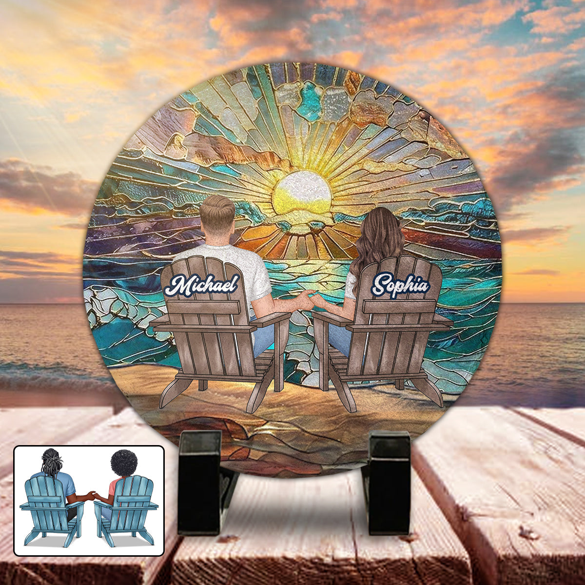 Couple heureux profitant d'une plage romantique - Pierre ronde personnalisée pour couple