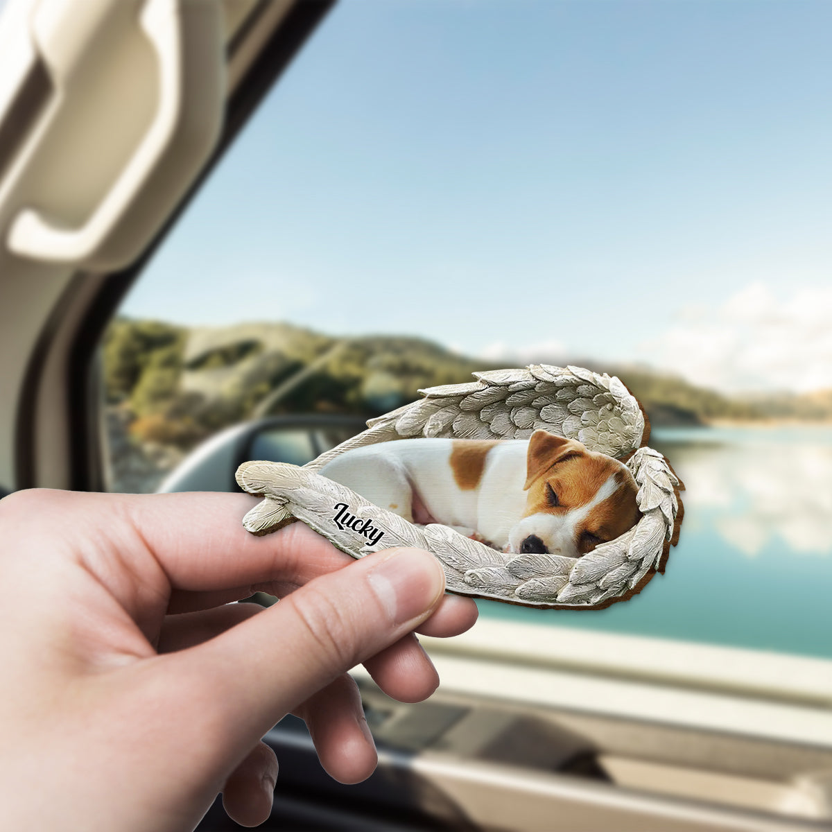 Animal endormi sous des ailes d'ange - Clip de pare-soleil personnalisé en forme de chien