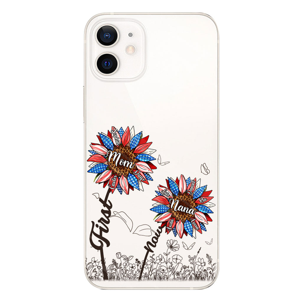 Première maman, maintenant grand-mère - Version Tournesol - Coque de téléphone transparente personnalisée pour grand-mère