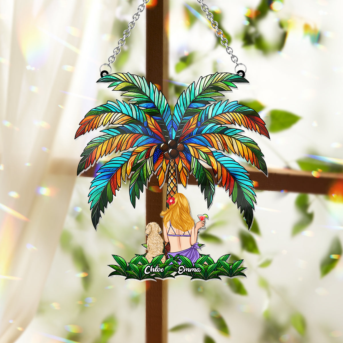 Toi et moi sous le palmier - Attrape-soleil personnalisé pour fenêtre avec motif chien 