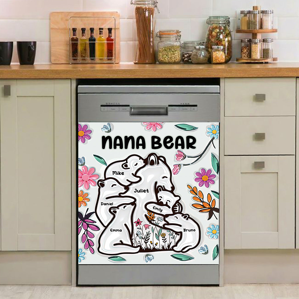 Housse de lave-vaisselle personnalisée « Mamie Ours câlinant ses petits » (motif floral)