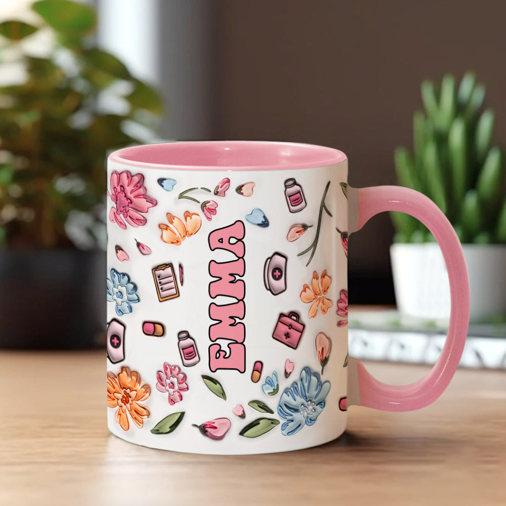 Mug gonflable personnalisé « Nurse Life » rose pastel à motifs floraux - Mug infirmière