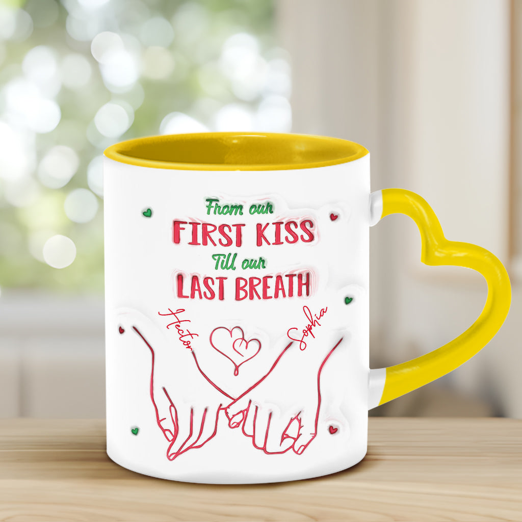 De notre premier baiser à notre dernier souffle - Mug personnalisé pour couple avec anse en forme de cœur