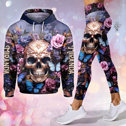 Beauté des ténèbres Crâne Roses Papillons - Sweat à capuche et legging personnalisés à motif crâne