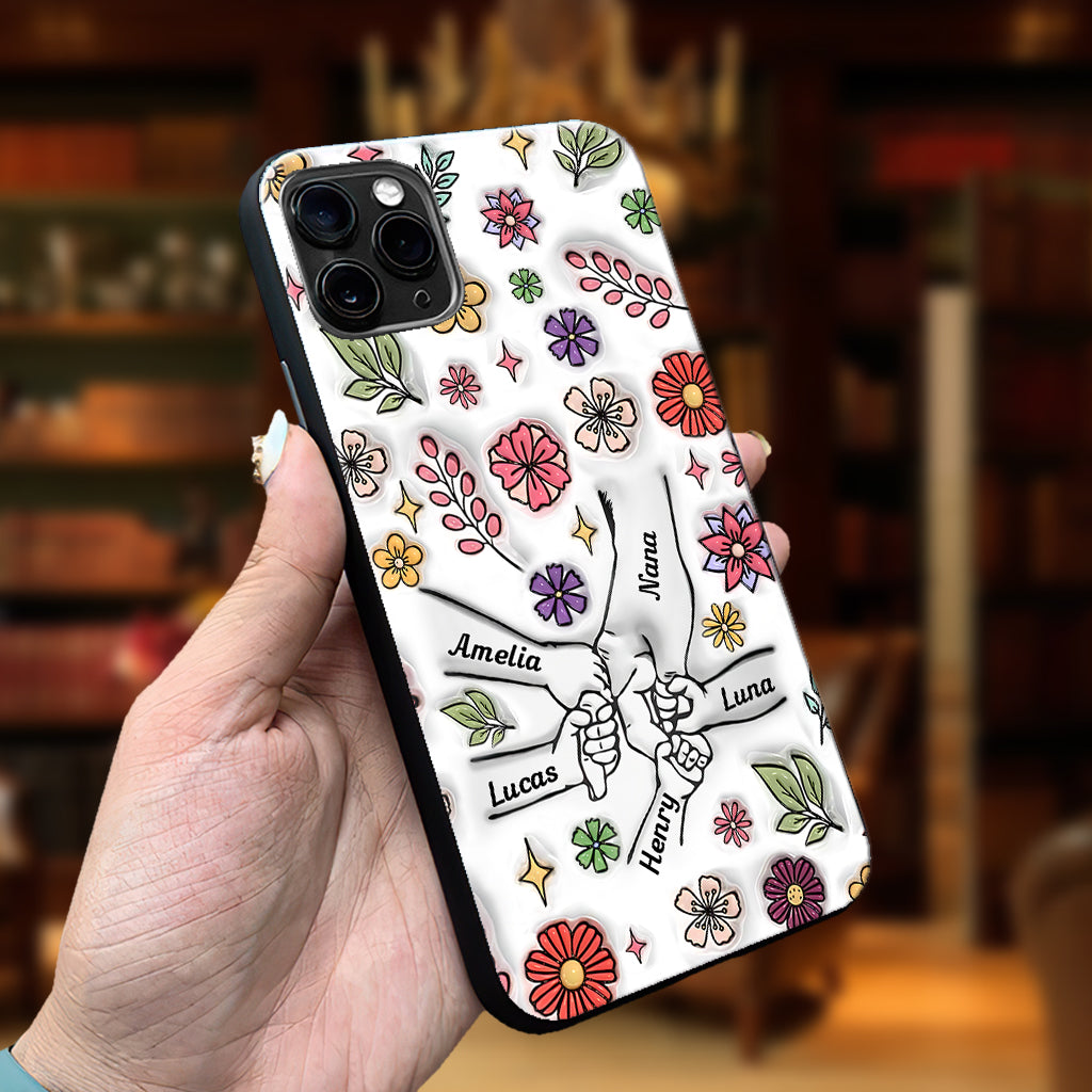 Coque de téléphone personnalisée pour grand-mère avec motif floral printanier et mains qui se tiennent - Mamie et maman
